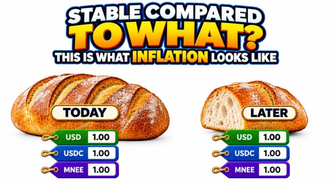 Stable Compared to What? Illustration comparing a full loaf of bread today with a smaller loaf later while USD, USDC and MNEE each remain at 1.00.